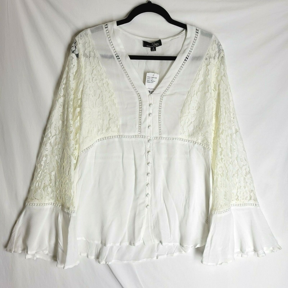 NWT SUZANNE BETRO Women's Blouse White Lace Bell Sleeve Summer Top Size Medium